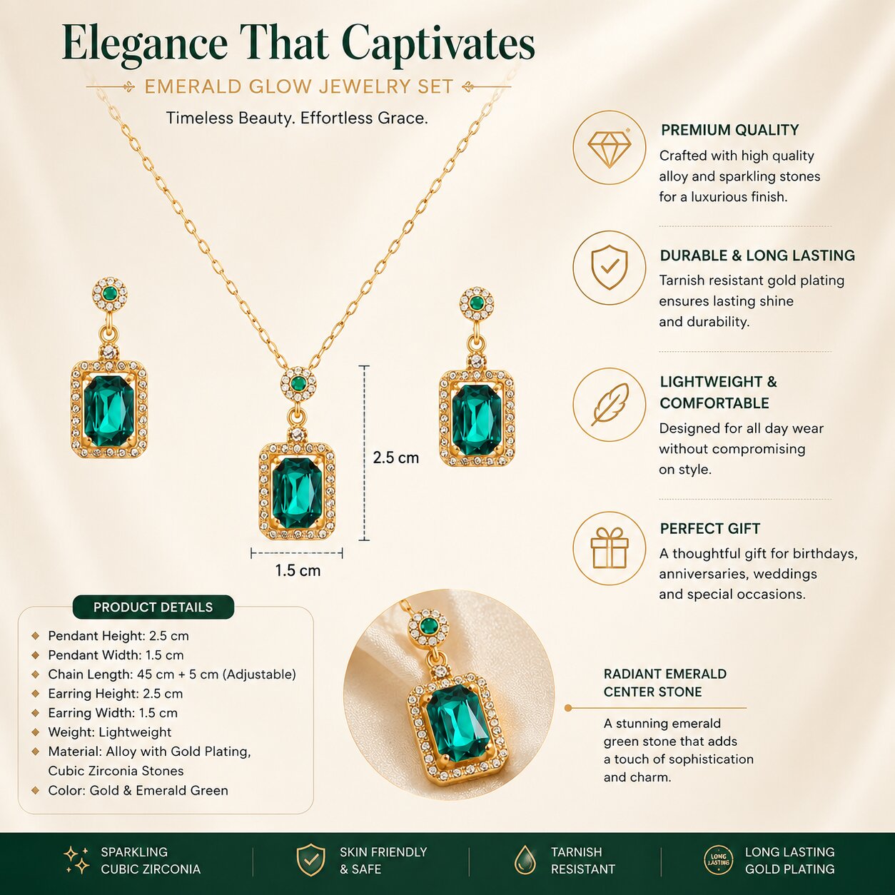 Gold Plated Green Stone Pendant Necklace with Matching Drop Earrings and Adjustable Ring