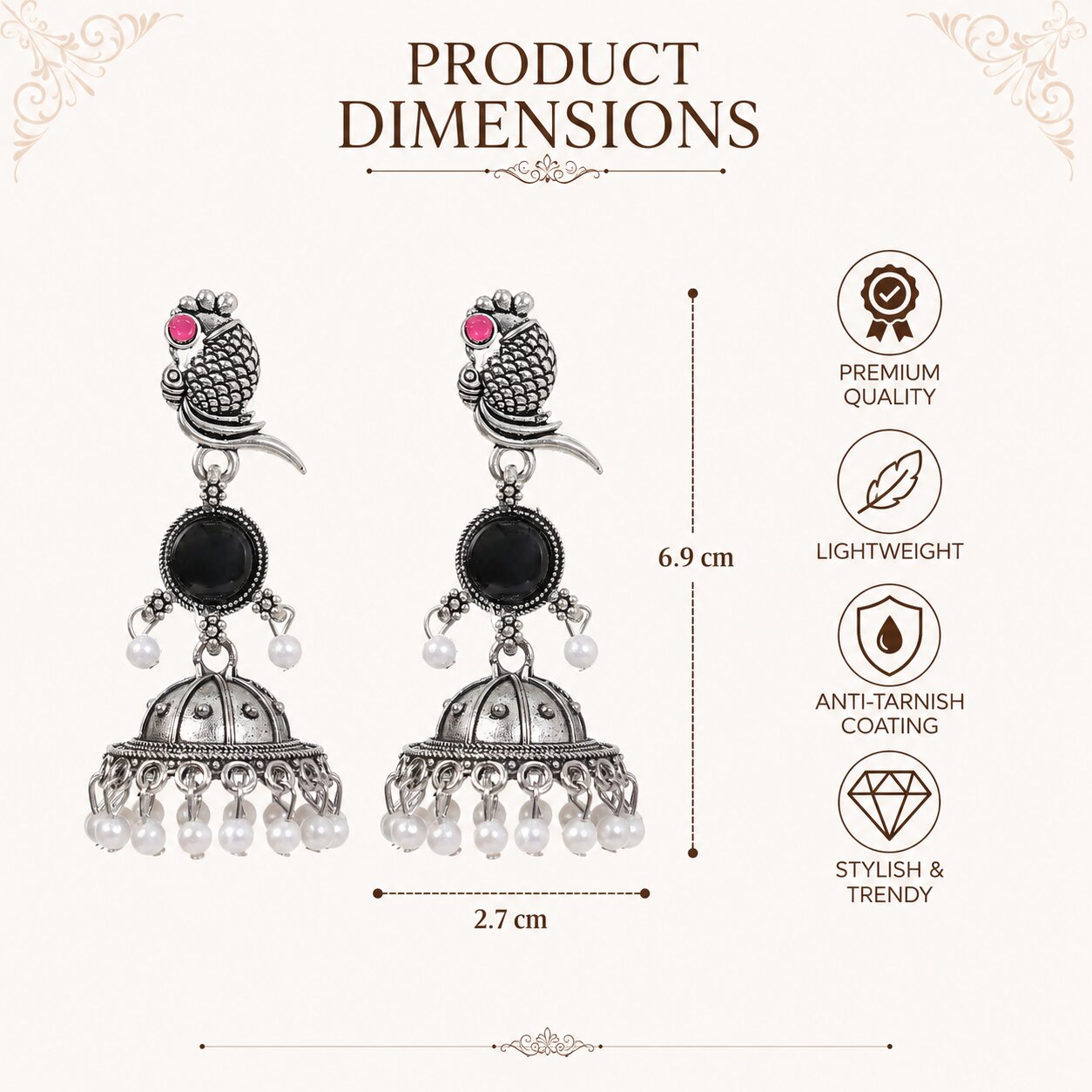 Parrot Design Silver Jhumka Earrings for Women