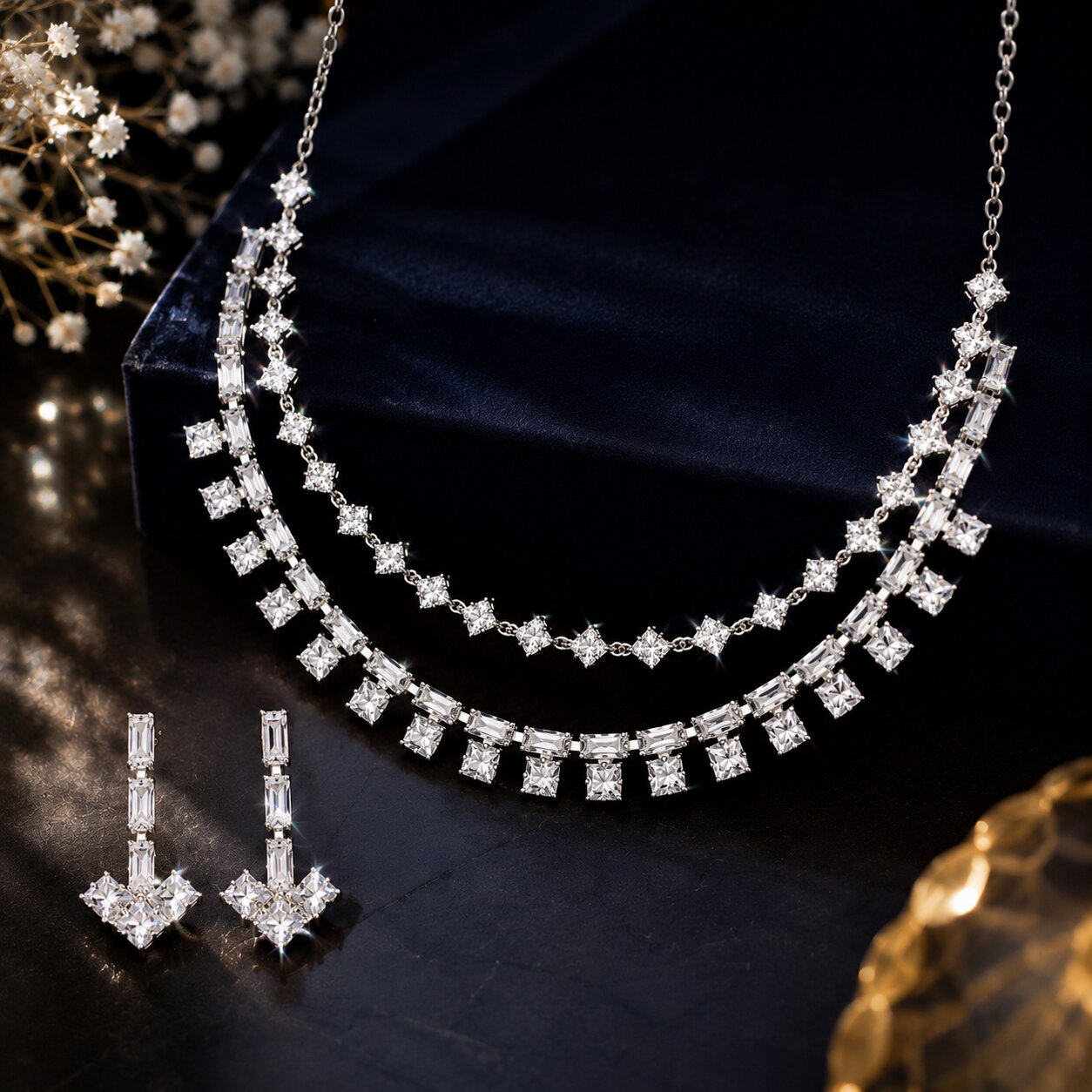Silver Finish Double Layer Cubic Zirconia Necklace Set with Matching Drop Earrings for Women