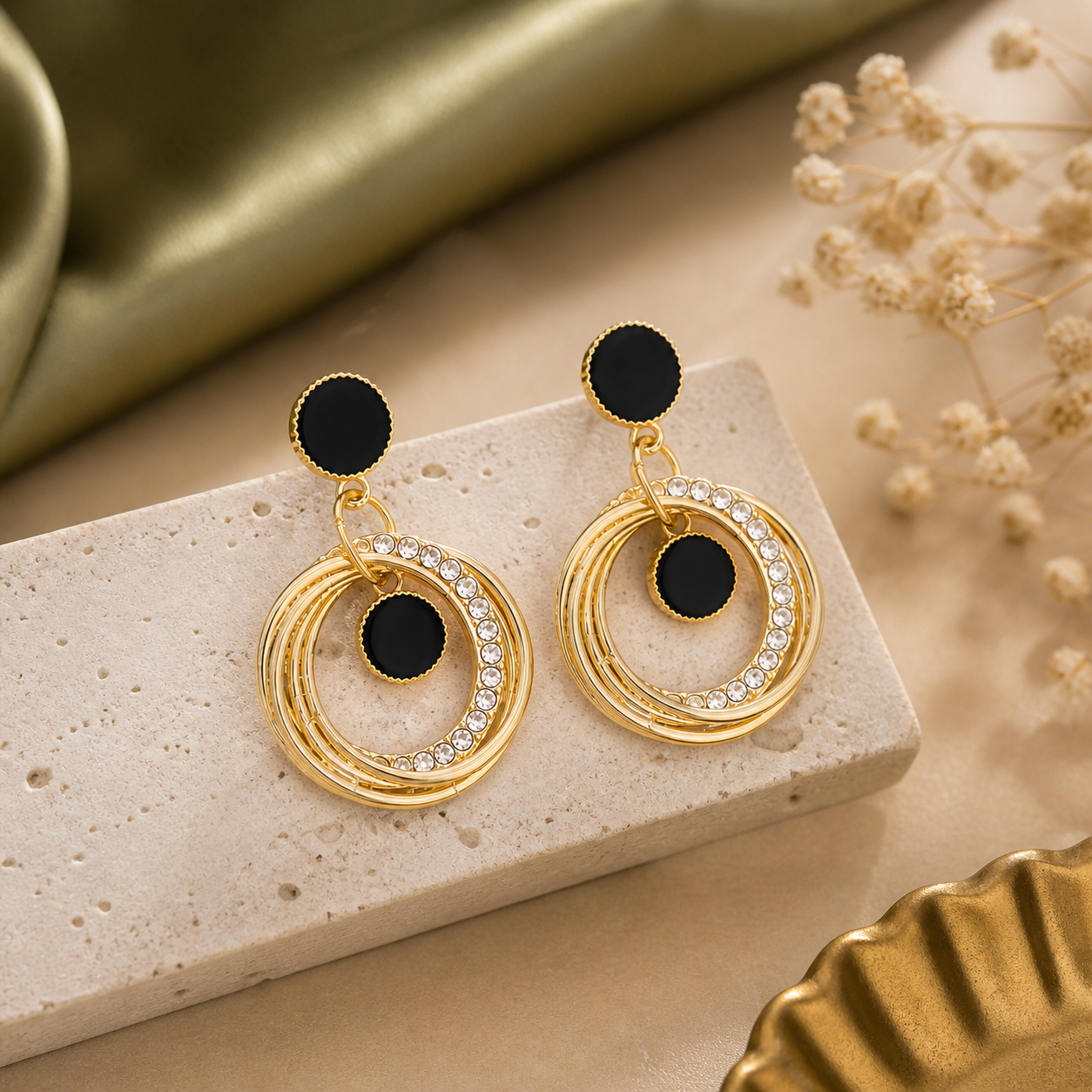 Samya by Samishtha Gold Plated Black & Crystal Double Hoop Drop Earrings for Women | Statement Party Earrings | Lightweight Fashion Jewellery