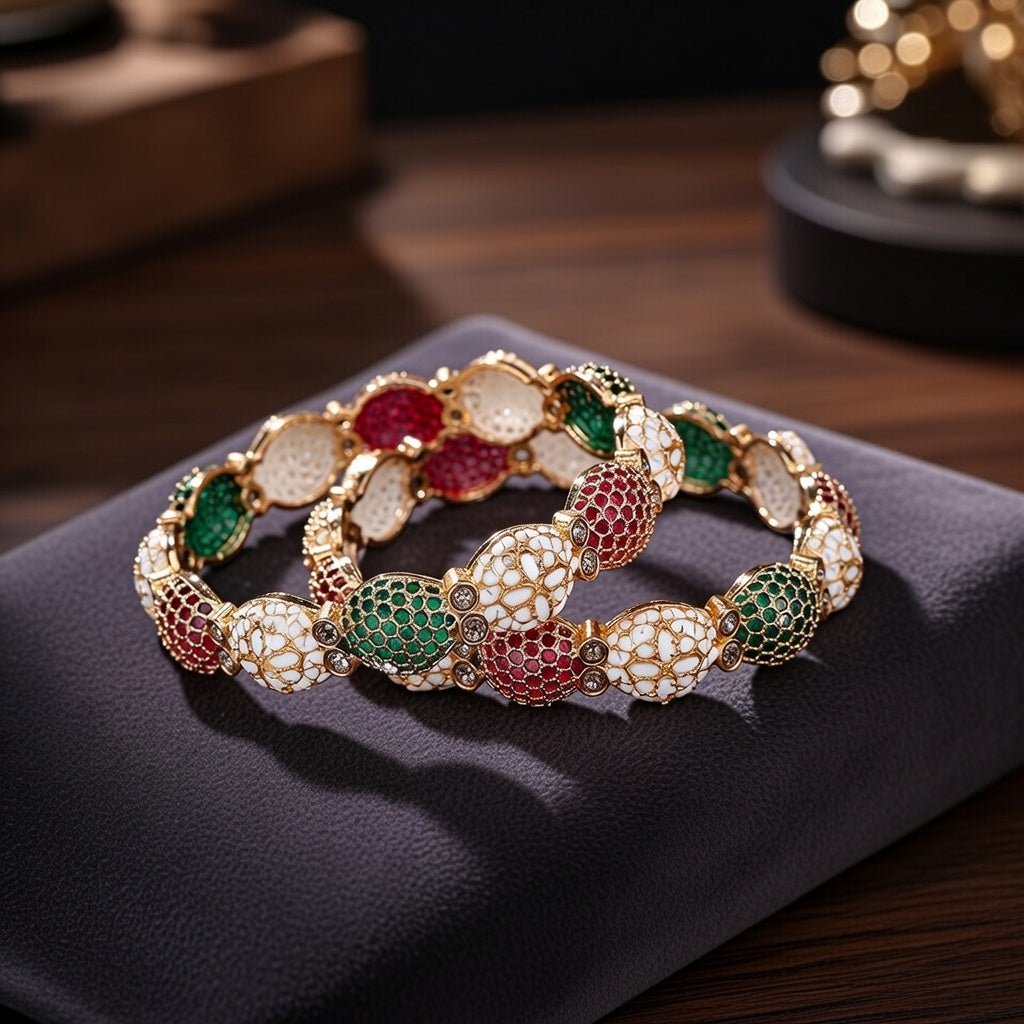 Set of 2 Polished Metallic Multicolor Motif Bangles