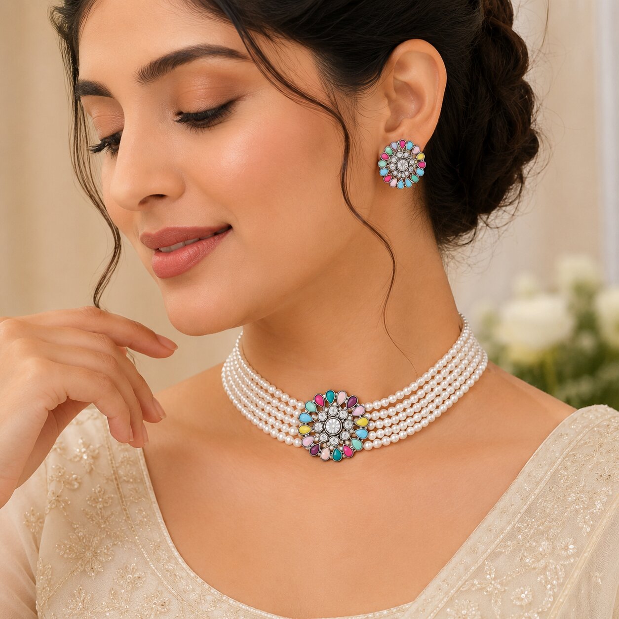 Samya Multicolor Floral Kundan  3 Layer White Pearl Necklace with Matching Stud Earrings Choker Necklace Set for Women