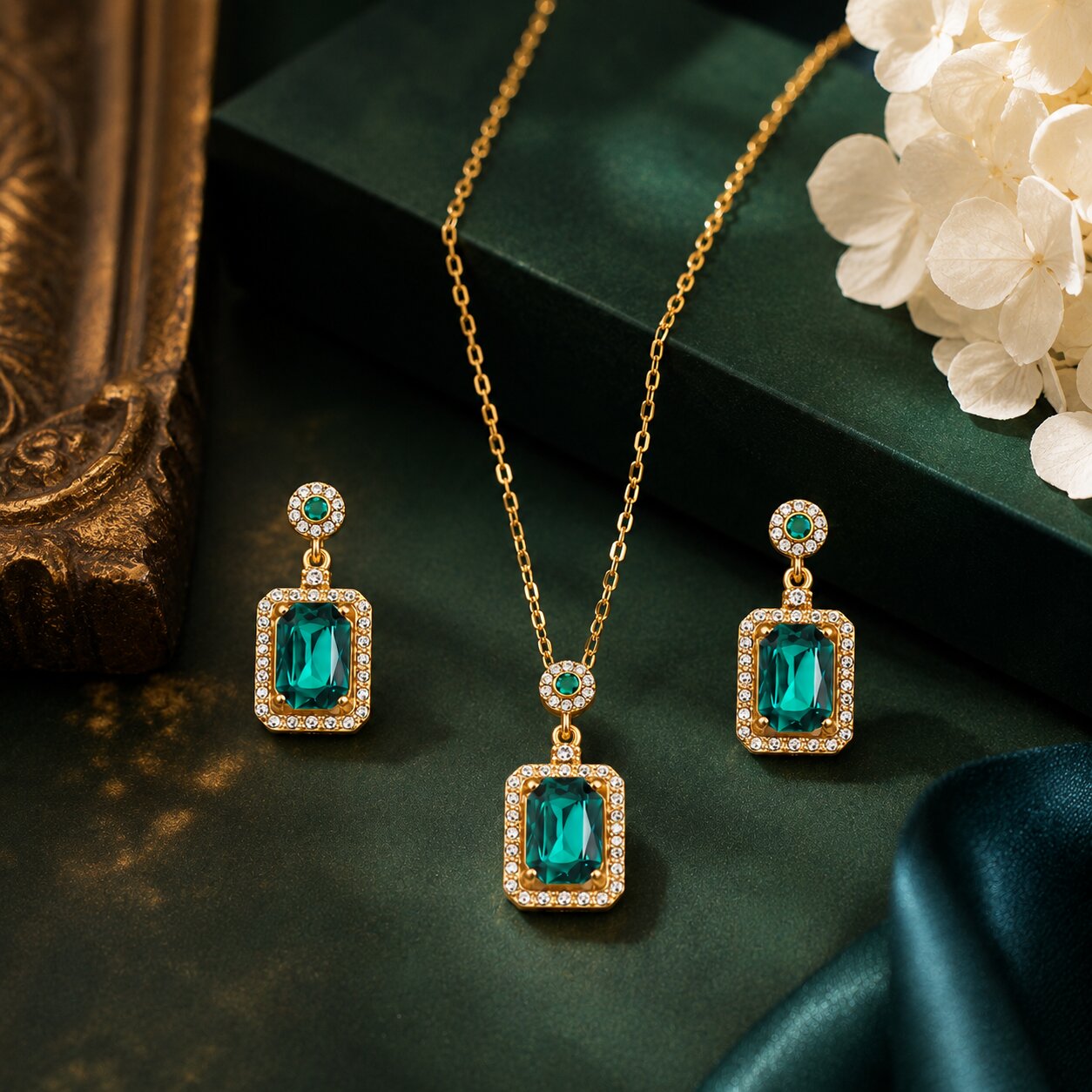 Gold Plated Green Stone Pendant Necklace with Matching Drop Earrings and Adjustable Ring