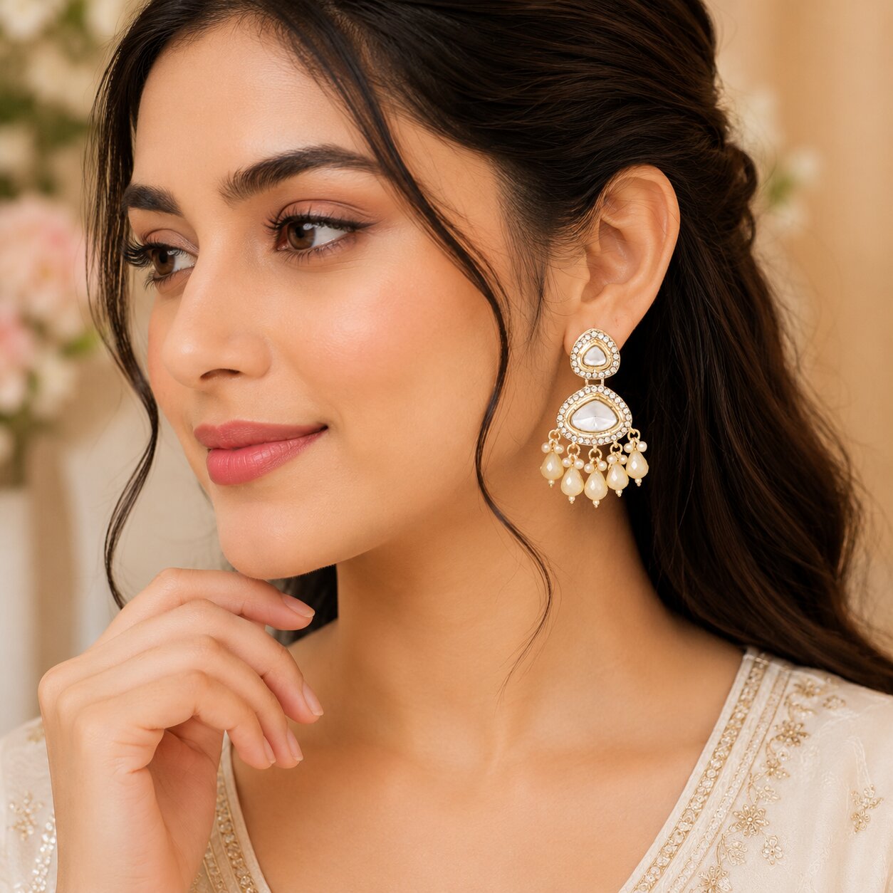 Traditional White Kundan Drop Earrings for Women