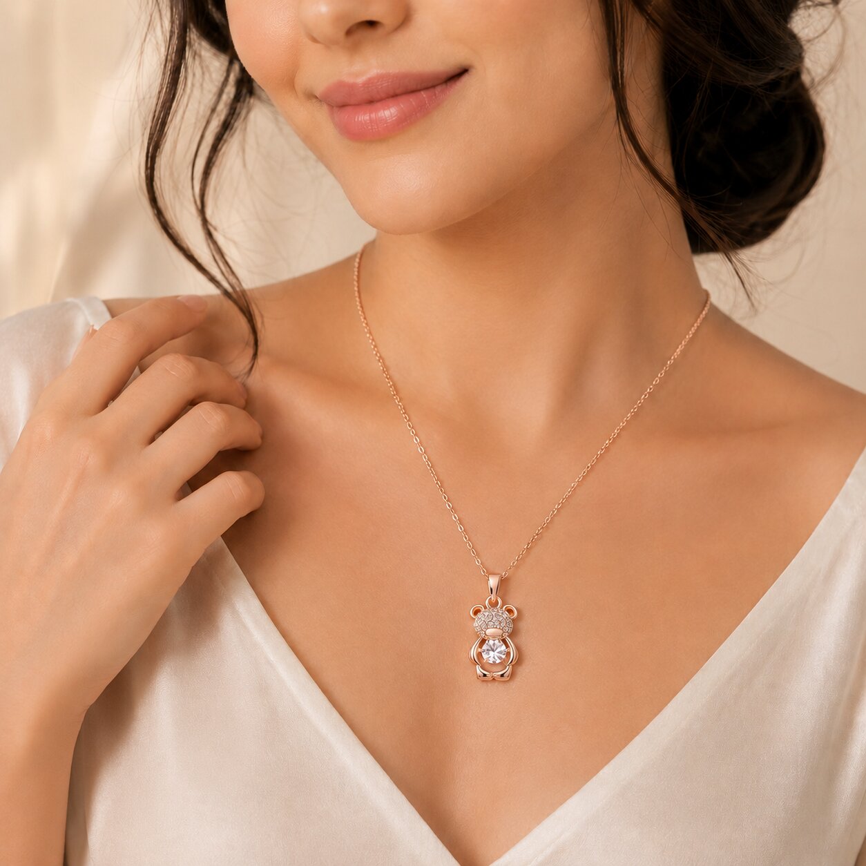 Rose Gold Teddy Bear Pendant Necklace for Women
