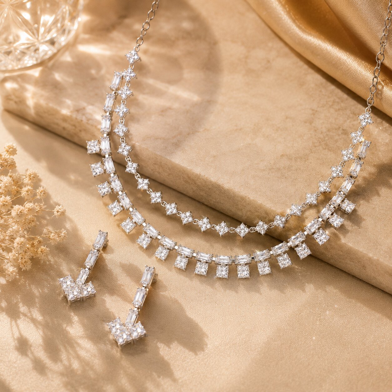 Silver Finish Double Layer Cubic Zirconia Necklace Set with Matching Drop Earrings for Women