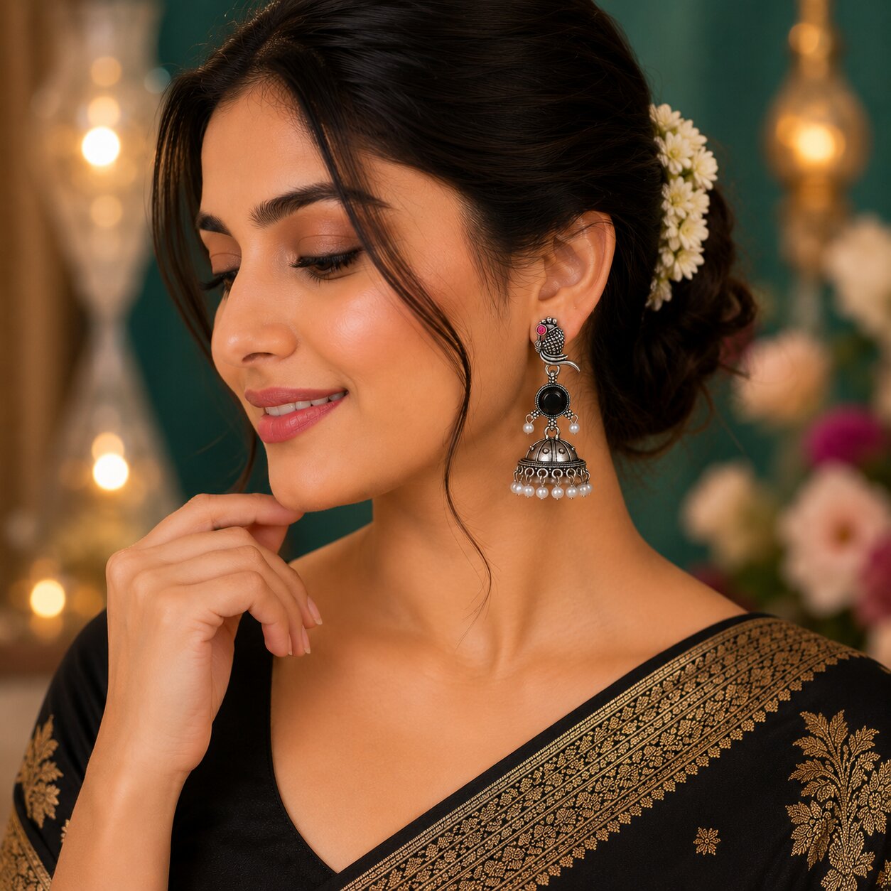 Parrot Design Silver Jhumka Earrings for Women