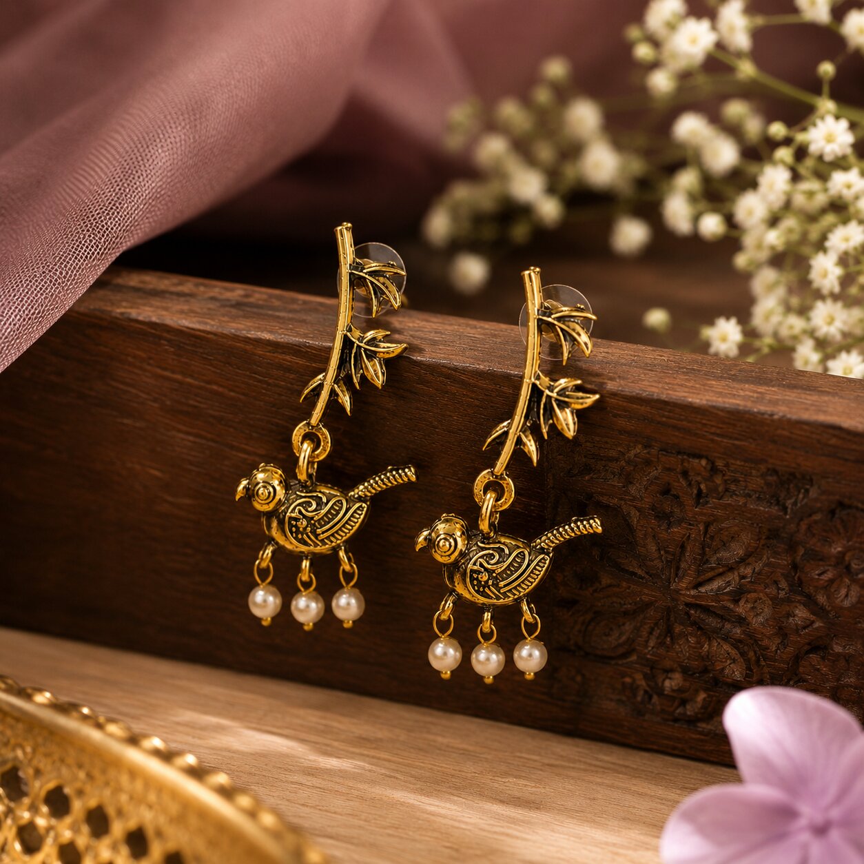 Parrot Design Antique Gold Earrings for Women