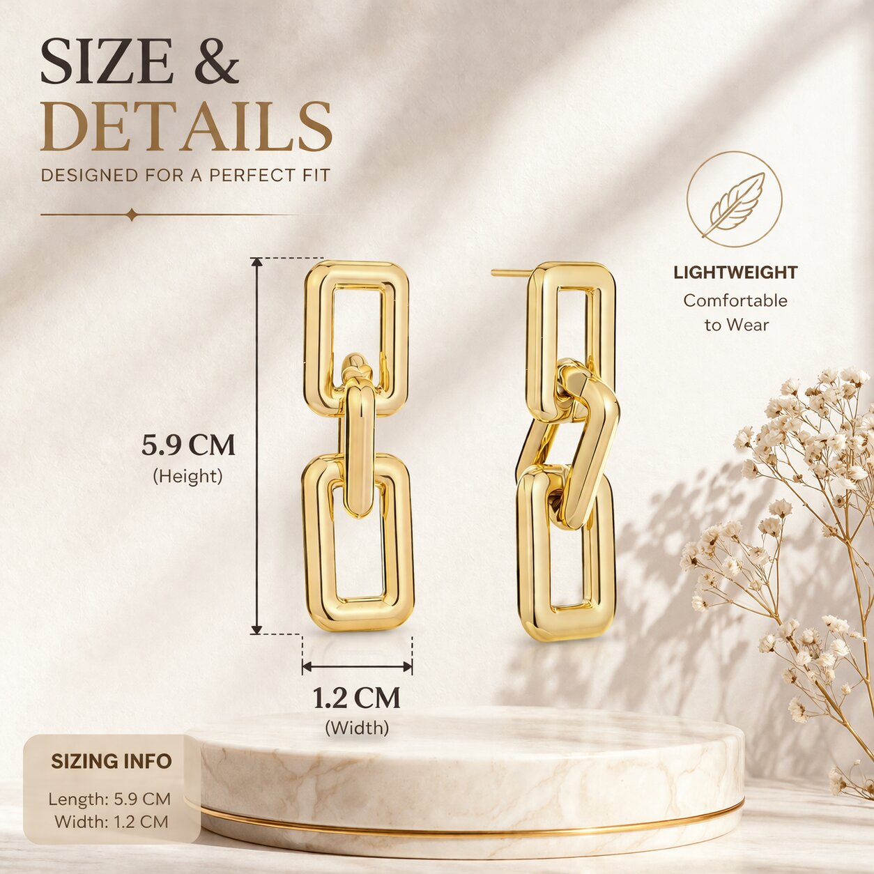 Gold Plated Rectangular Chain Link Drop Earrings for Women