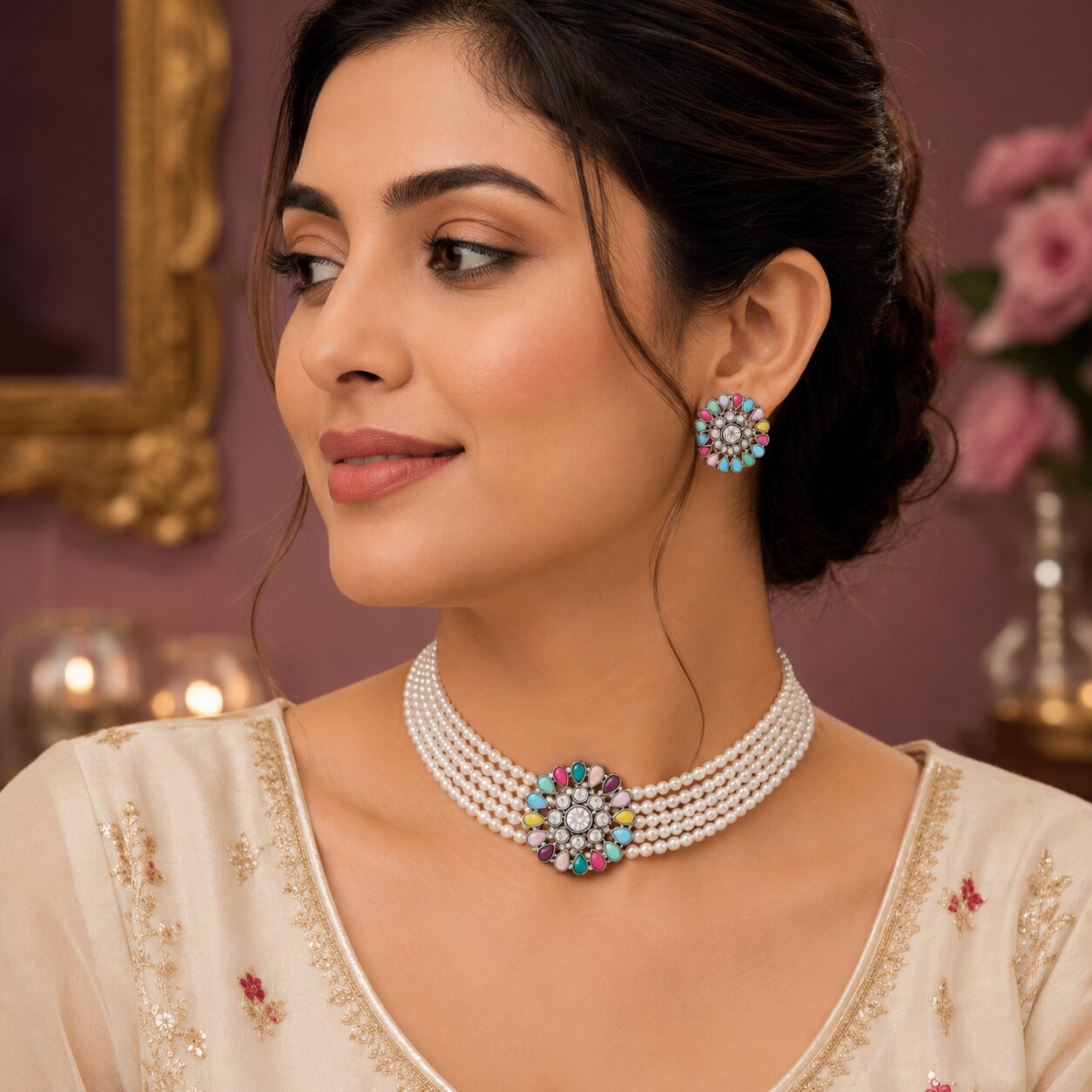Samya Multicolor Floral Kundan  3 Layer White Pearl Necklace with Matching Stud Earrings Choker Necklace Set for Women