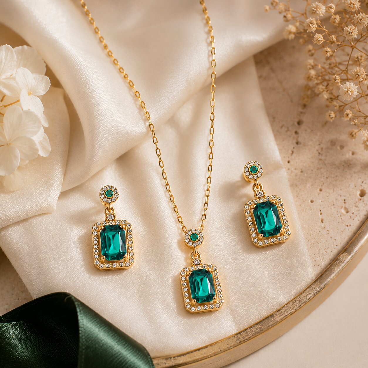 Gold Plated Green Stone Pendant Necklace with Matching Drop Earrings and Adjustable Ring