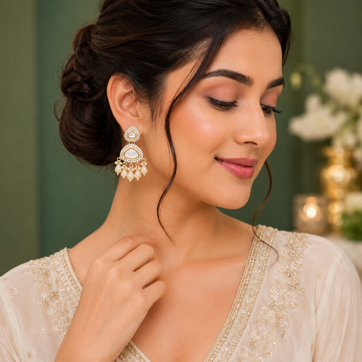 Traditional White Kundan Drop Earrings for Women