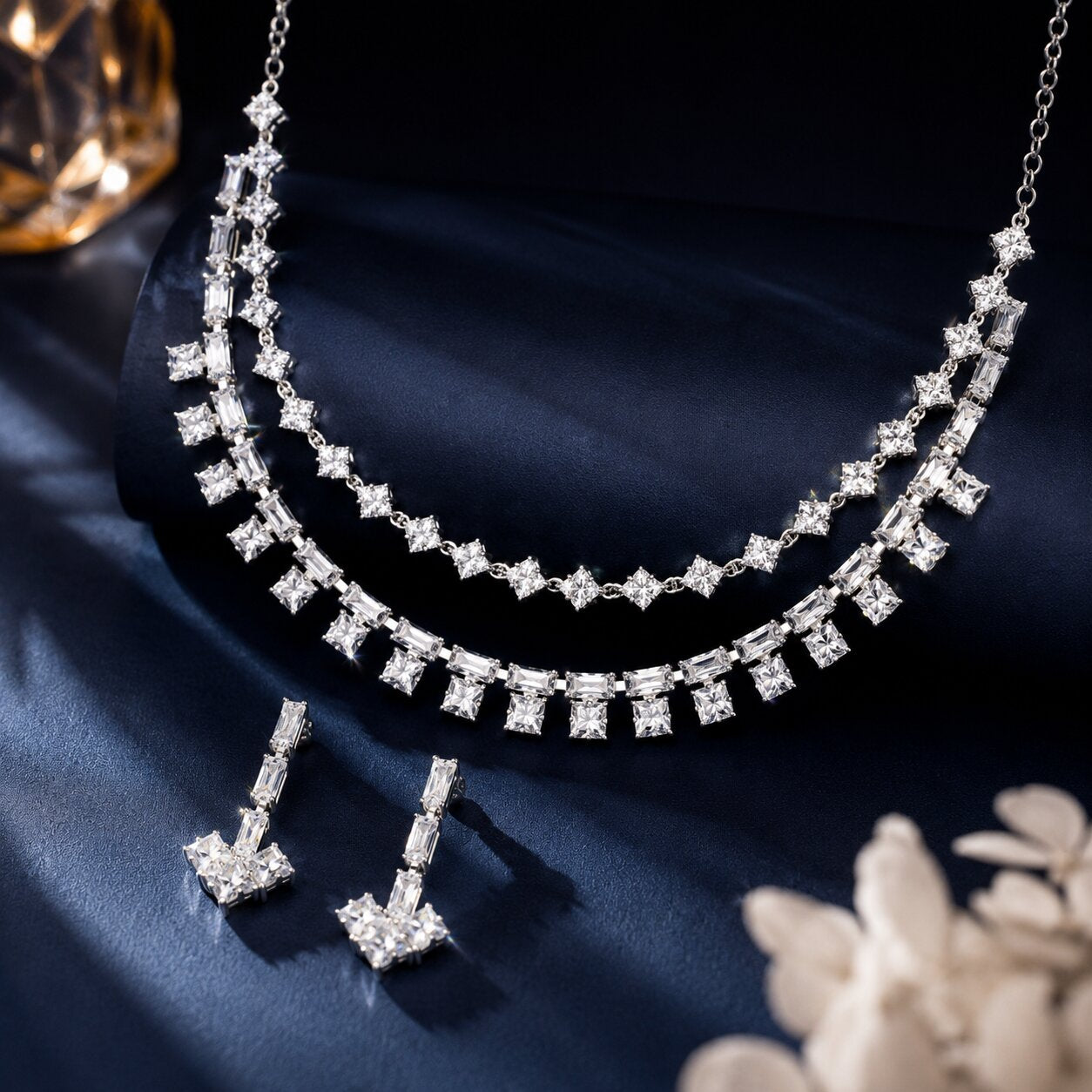 Silver Finish Double Layer Cubic Zirconia Necklace Set with Matching Drop Earrings for Women