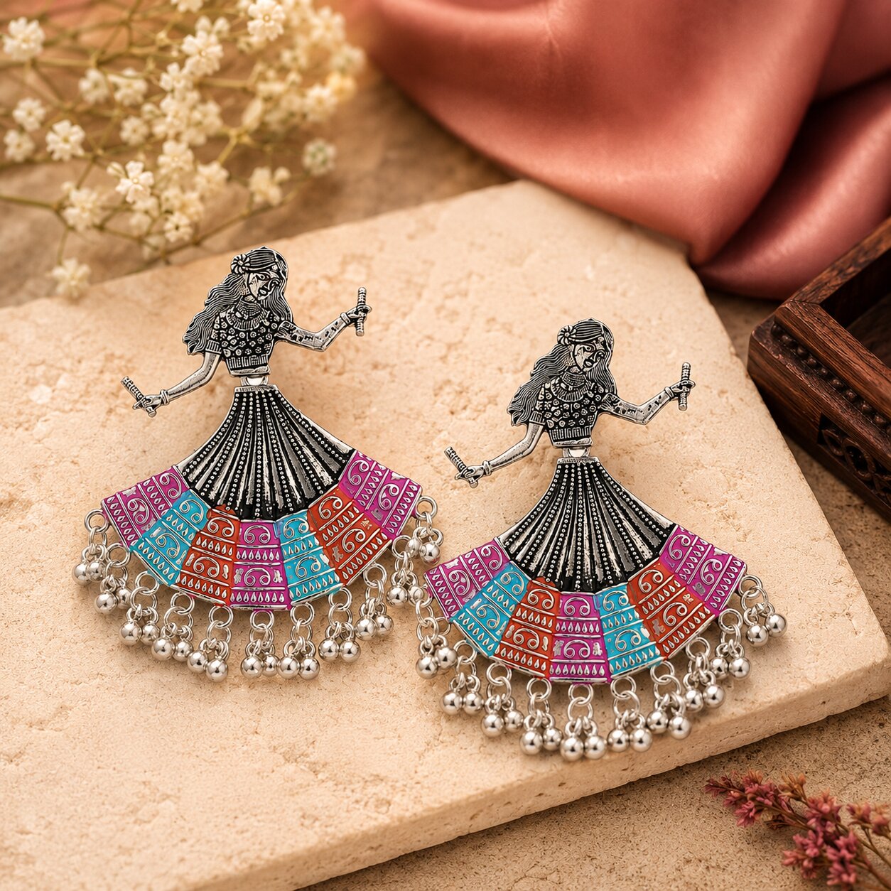 Multicolor Dancing Girl Rajasthani Jhumka Earrings for Women