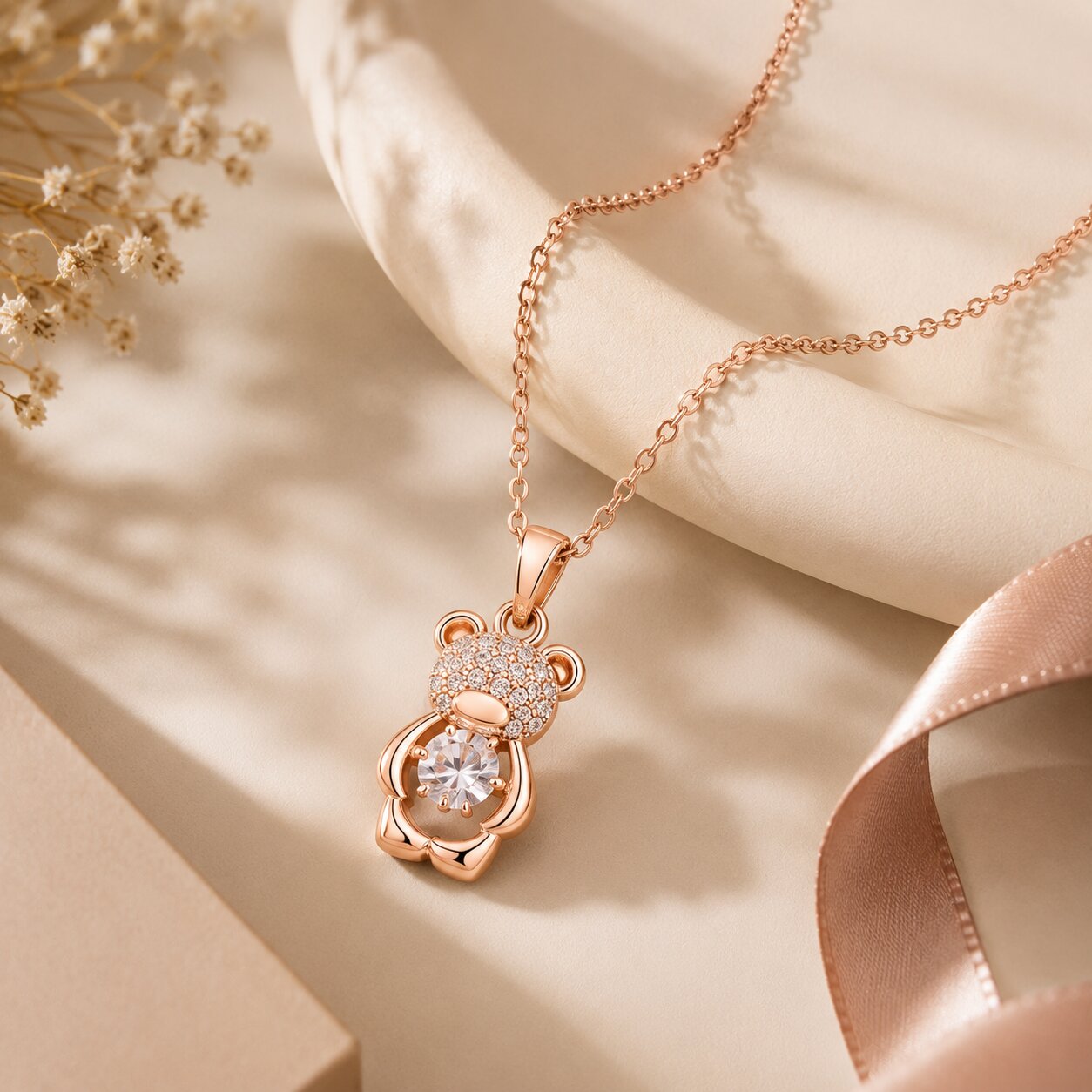 Rose Gold Teddy Bear Pendant Necklace for Women