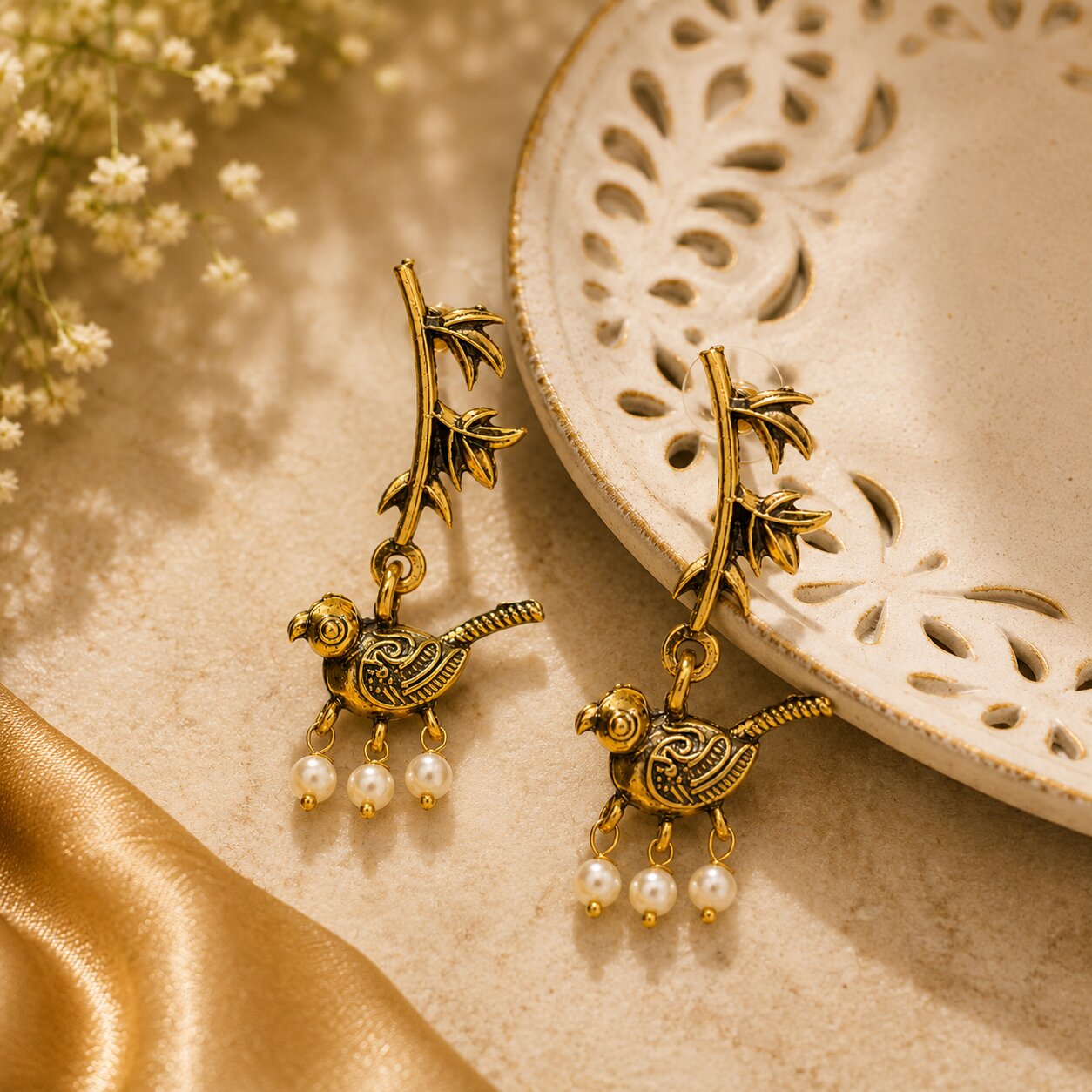 Parrot Design Antique Gold Earrings for Women