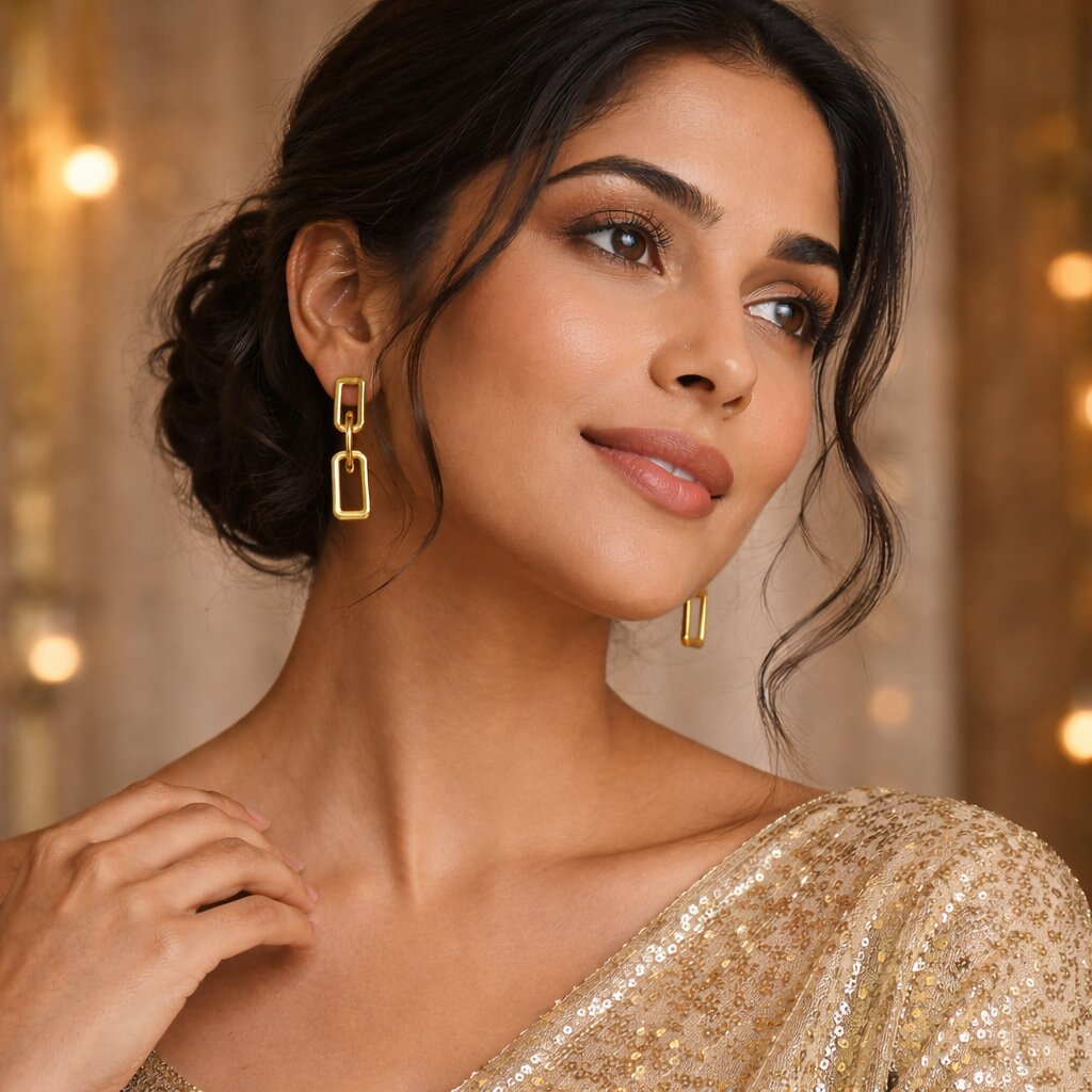 Gold Plated Rectangular Chain Link Drop Earrings for Women