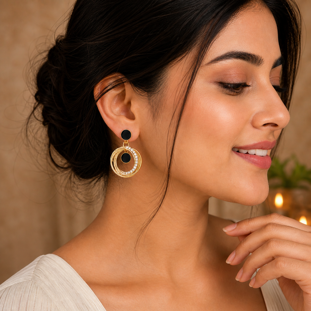 Samya by Samishtha Gold Plated Black & Crystal Double Hoop Drop Earrings for Women | Statement Party Earrings | Lightweight Fashion Jewellery
