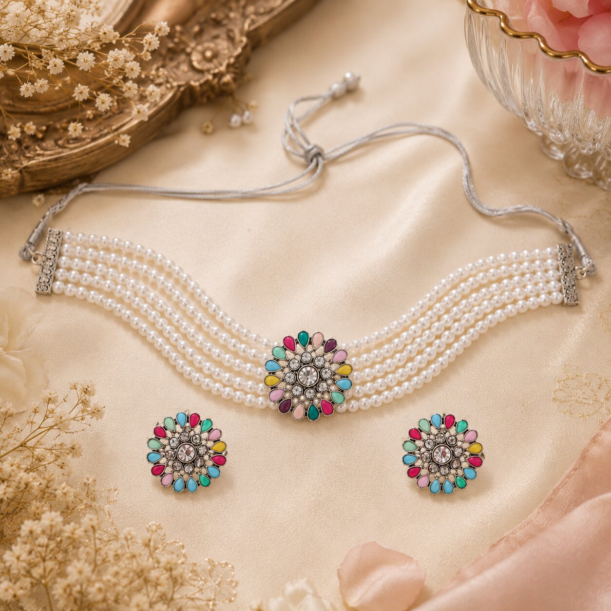 Samya Multicolor Floral Kundan  3 Layer White Pearl Necklace with Matching Stud Earrings Choker Necklace Set for Women