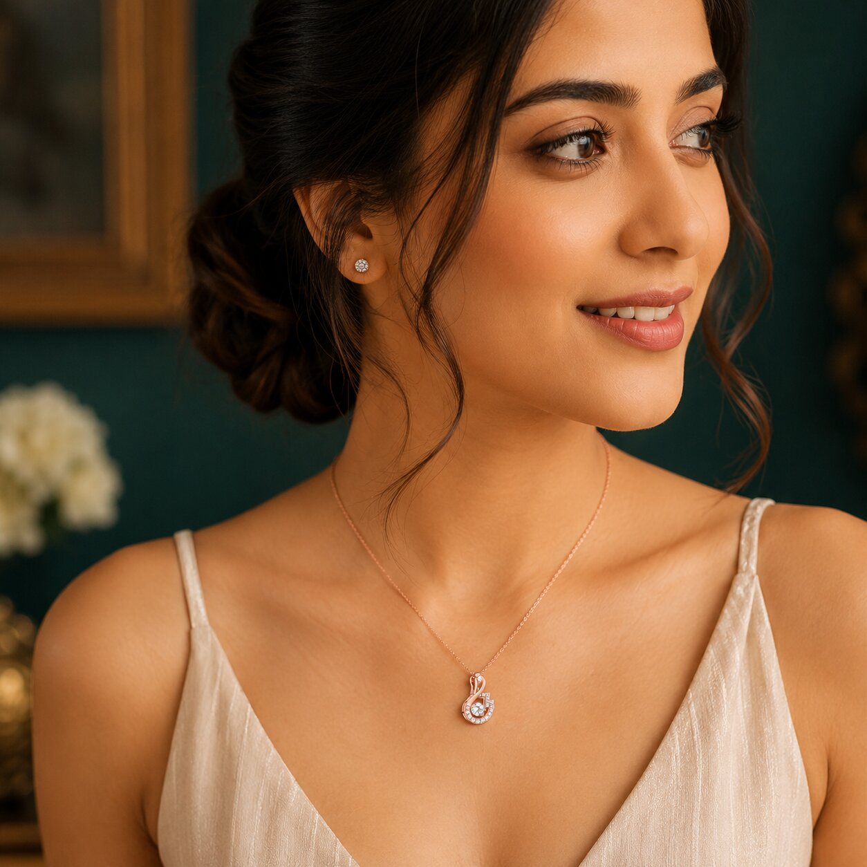 Rose Gold Swan Shaped Pendant Necklace Jewelry for Women