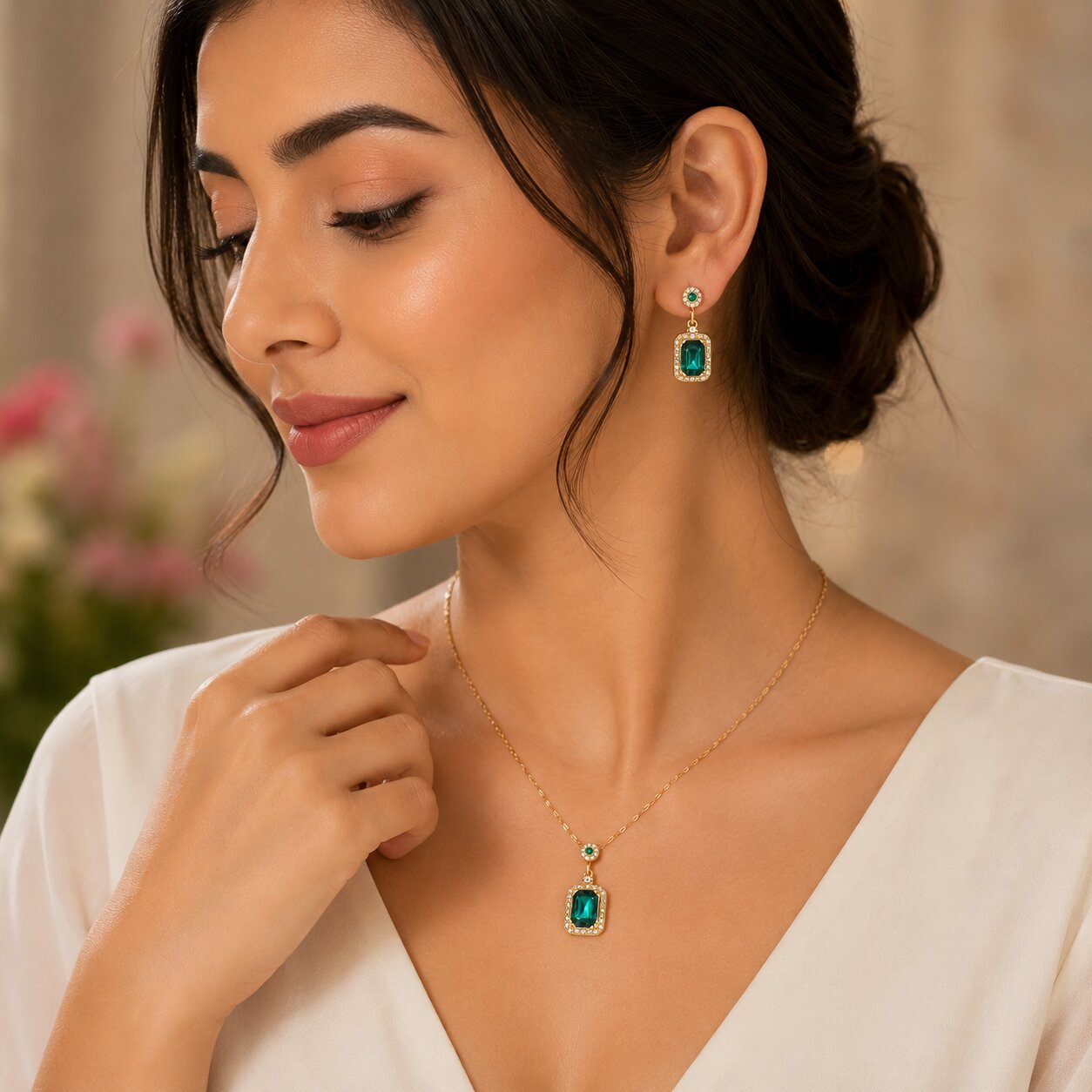 Gold Plated Green Stone Pendant Necklace with Matching Drop Earrings and Adjustable Ring