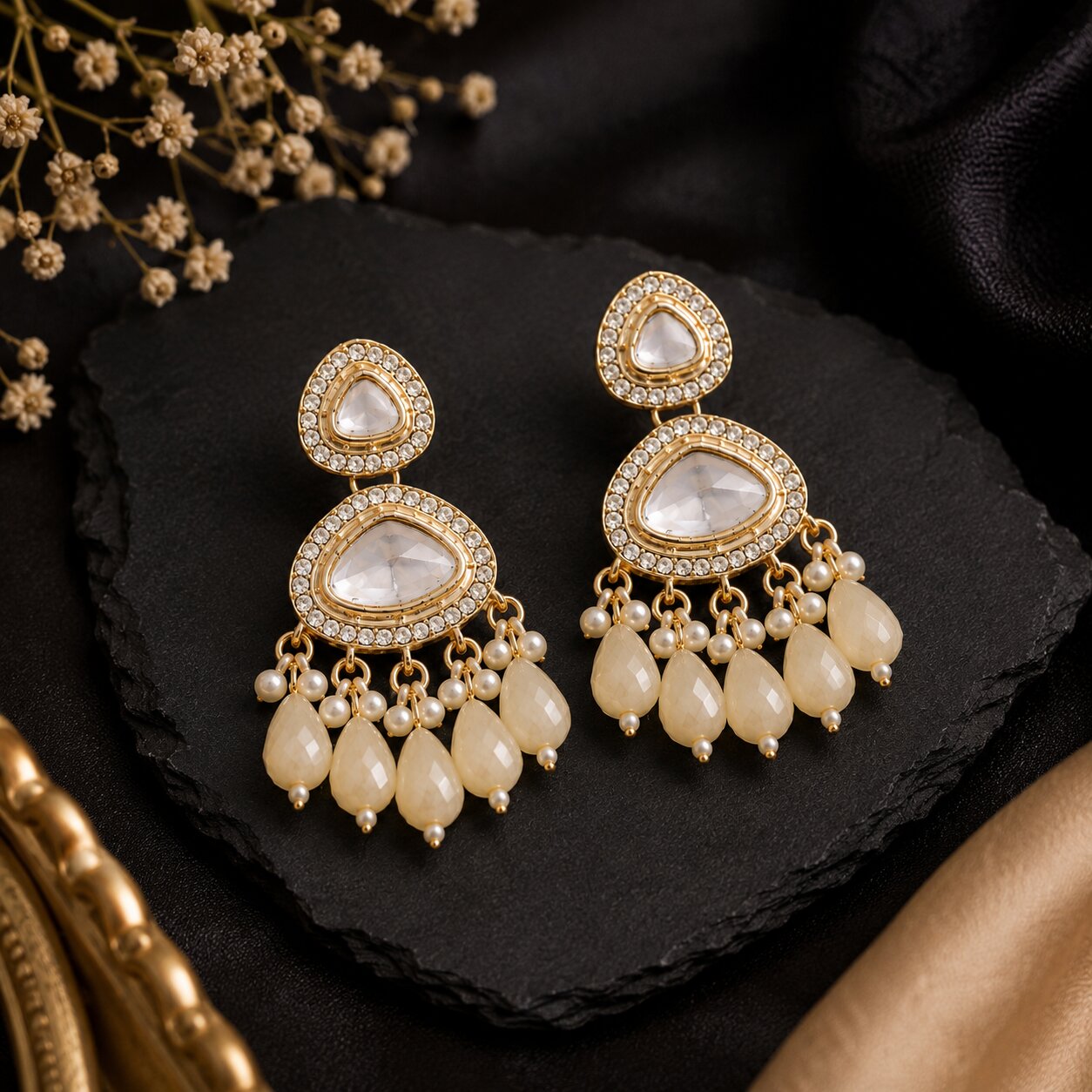 Traditional White Kundan Drop Earrings for Women