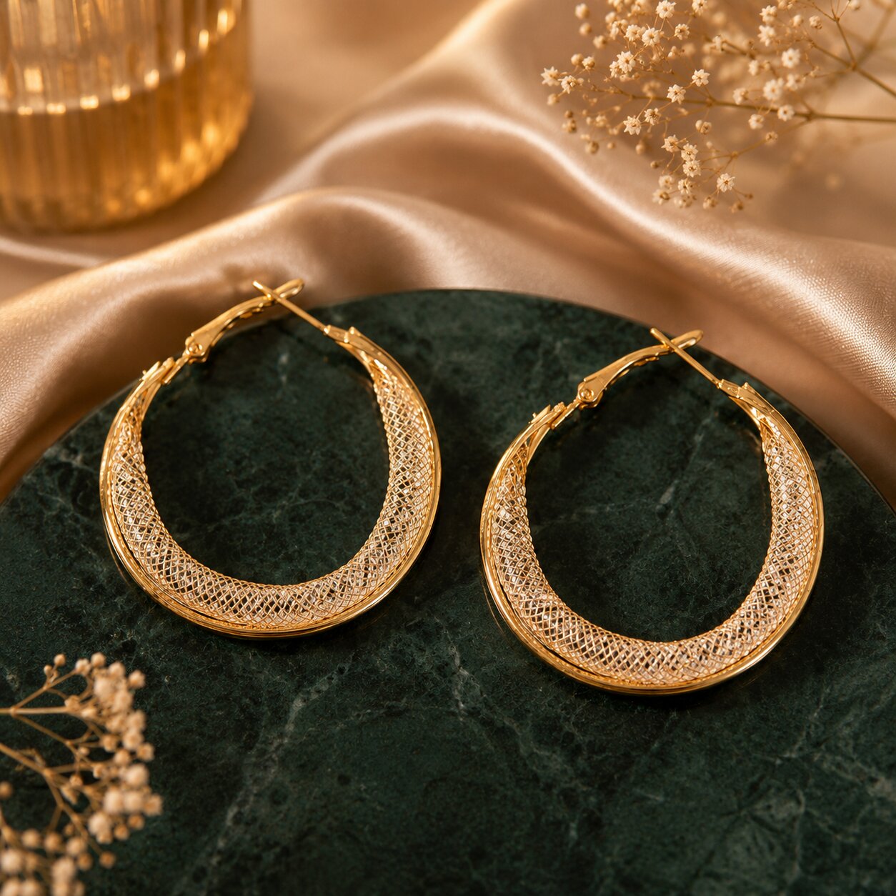 Gold Plated Black Stone Hoop Drop Earrings for Women