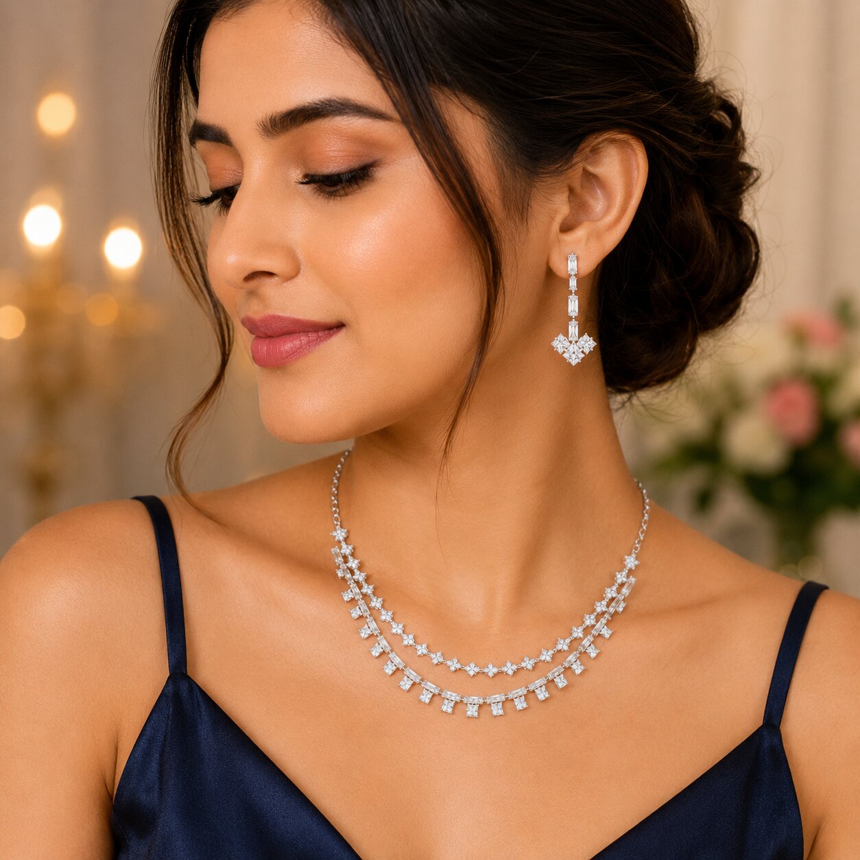 Silver Finish Double Layer Cubic Zirconia Necklace Set with Matching Drop Earrings for Women