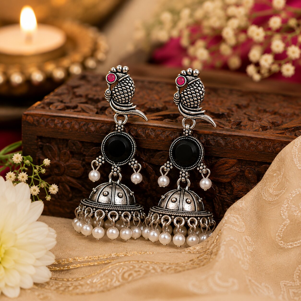 Parrot Design Silver Jhumka Earrings for Women