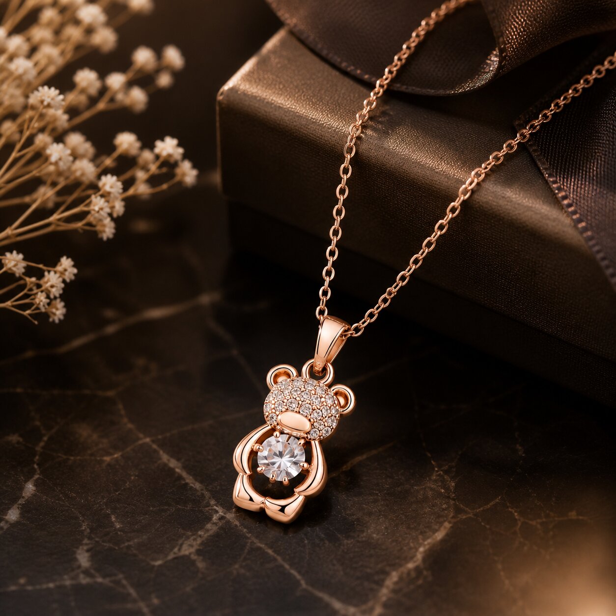 Rose Gold Teddy Bear Pendant Necklace for Women