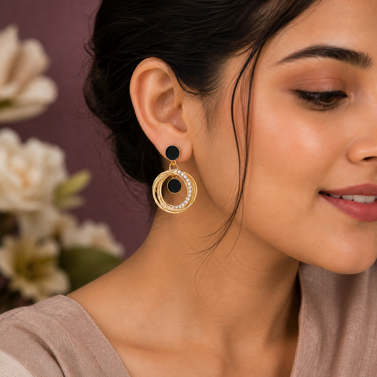 Samya by Samishtha Gold Plated Black & Crystal Double Hoop Drop Earrings for Women | Statement Party Earrings | Lightweight Fashion Jewellery
