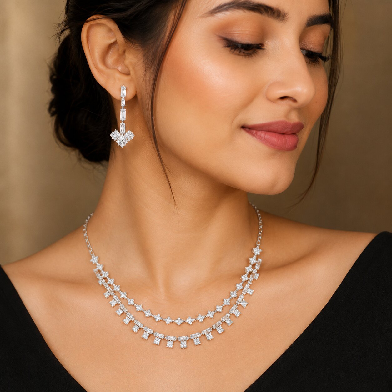 Silver Finish Double Layer Cubic Zirconia Necklace Set with Matching Drop Earrings for Women