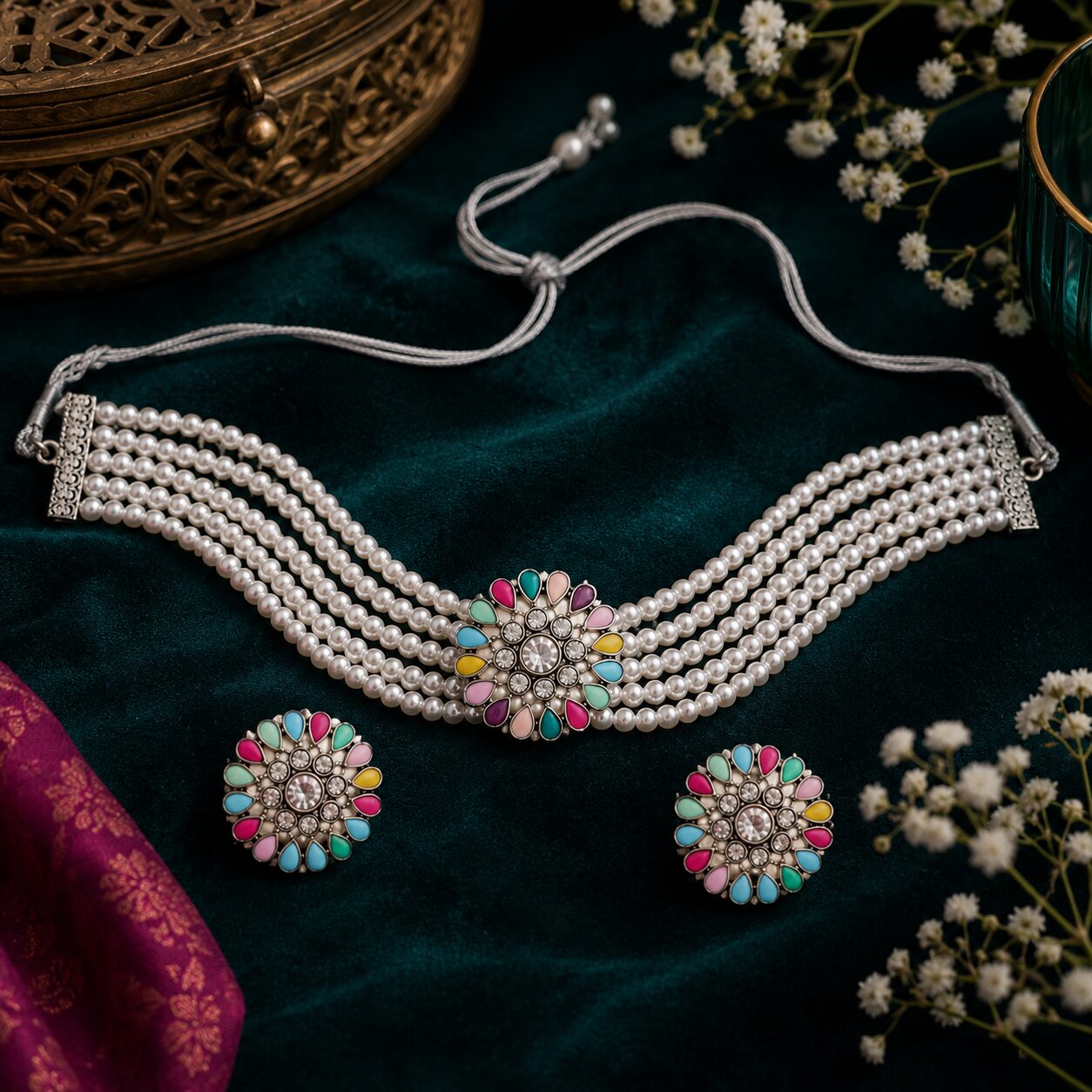 Samya Multicolor Floral Kundan  3 Layer White Pearl Necklace with Matching Stud Earrings Choker Necklace Set for Women