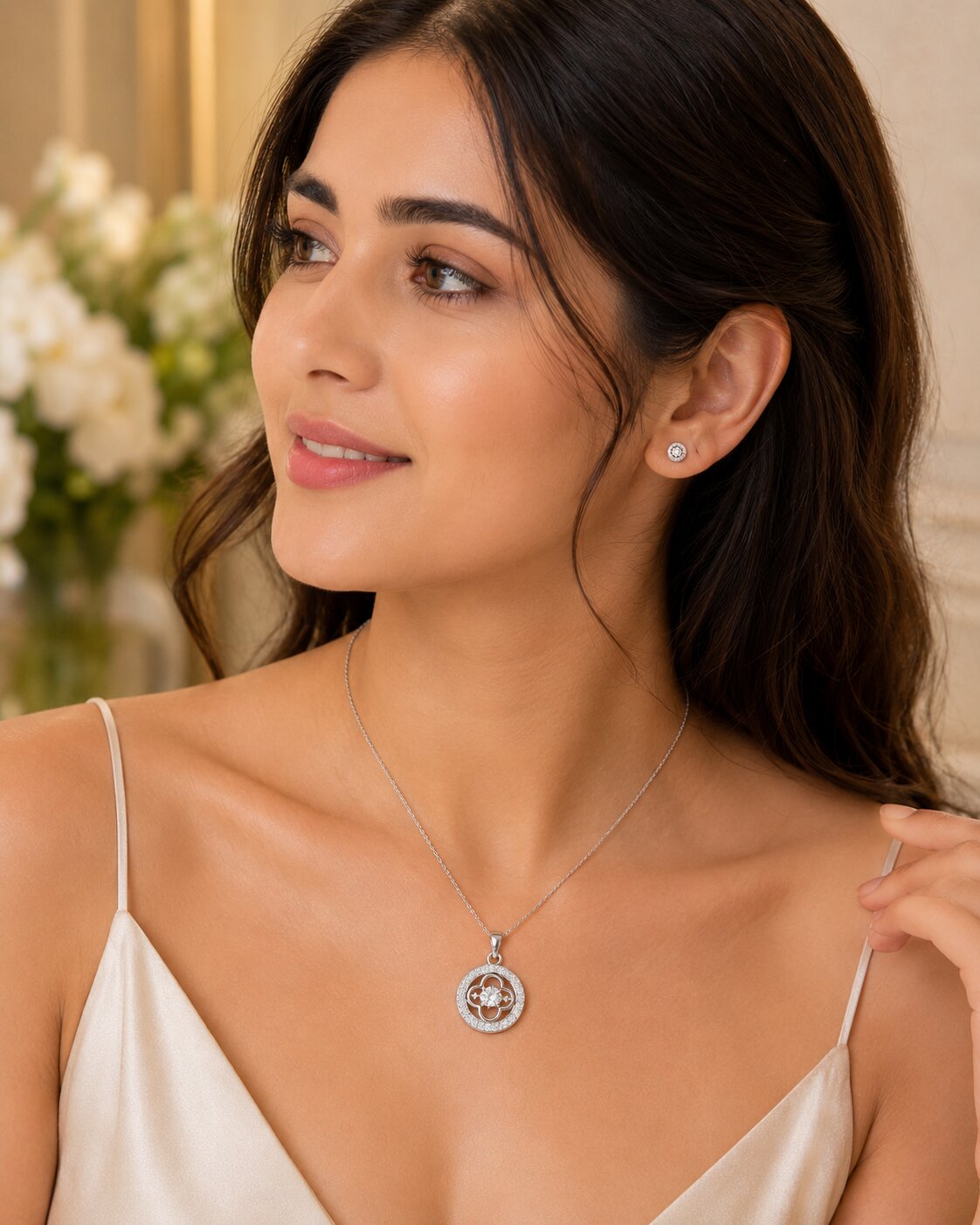 Women’s Silver-Tone Floral Pendant Necklace Jewelry