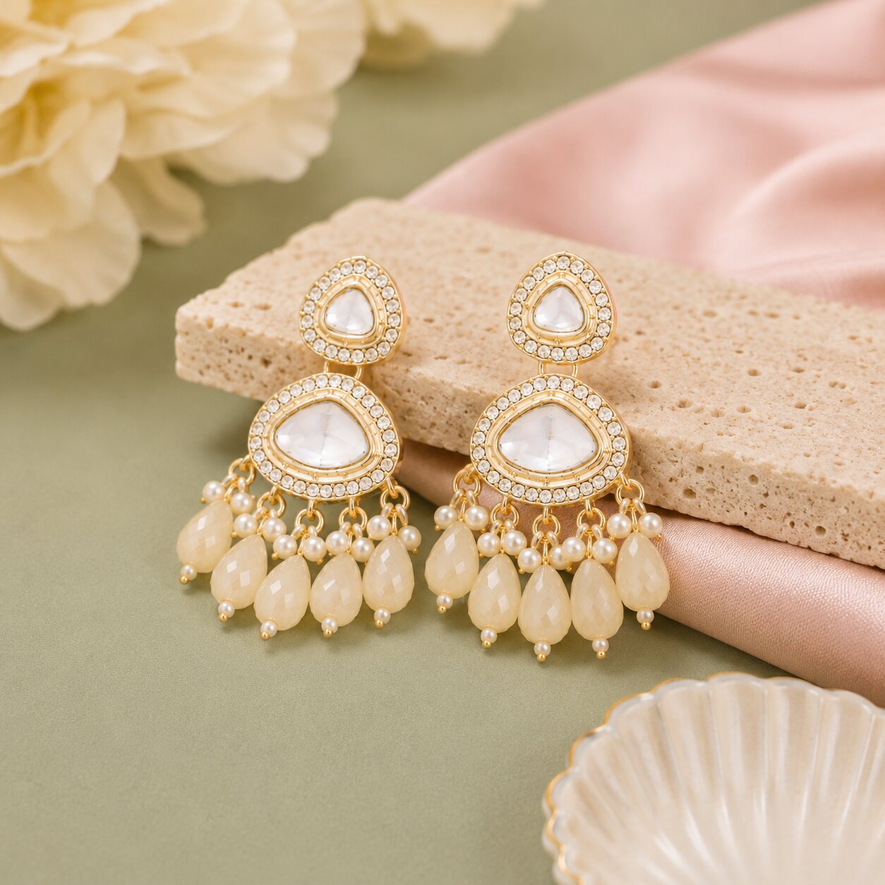 Traditional White Kundan Drop Earrings for Women