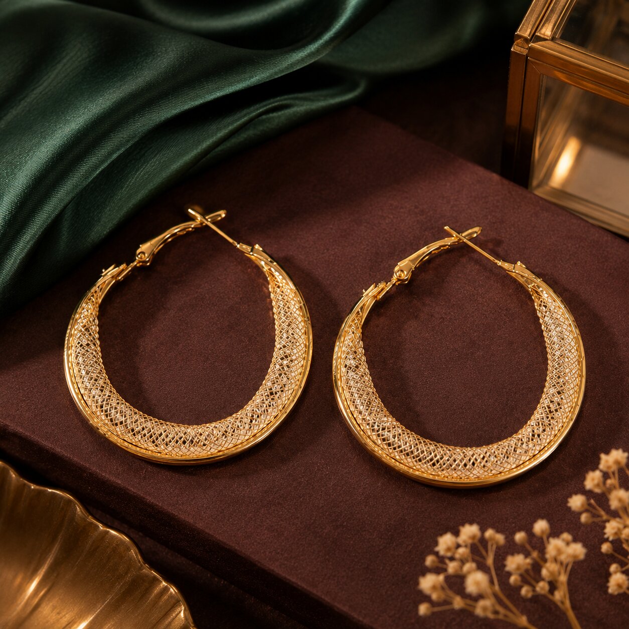 Gold Plated Black Stone Hoop Drop Earrings for Women