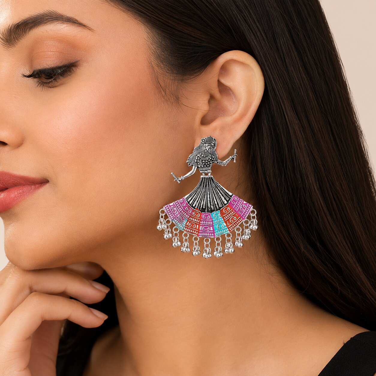 Multicolor Dancing Girl Rajasthani Jhumka Earrings for Women