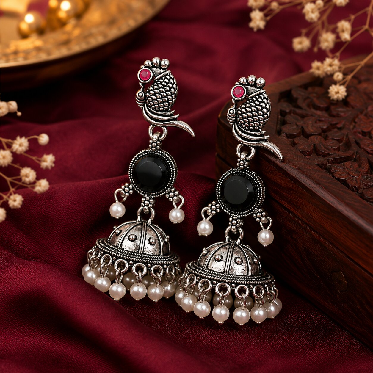 Parrot Design Silver Jhumka Earrings for Women