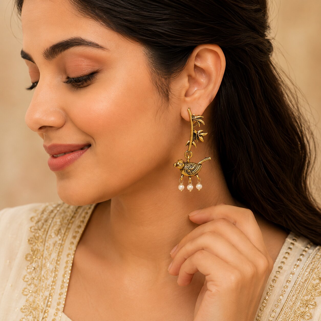 Parrot Design Antique Gold Earrings for Women