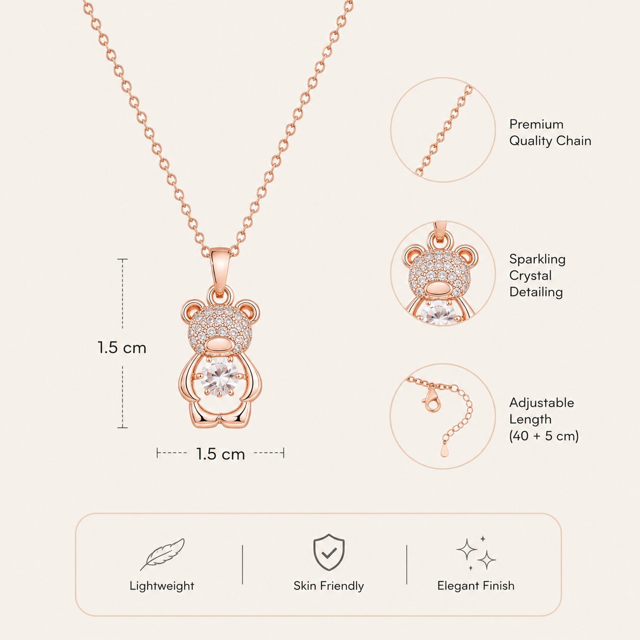 Rose Gold Teddy Bear Pendant Necklace for Women