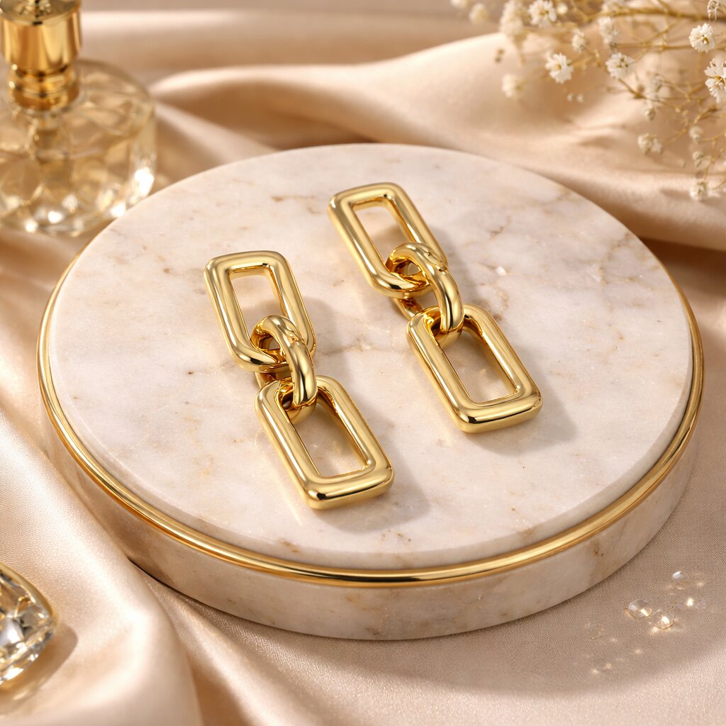 Gold Plated Rectangular Chain Link Drop Earrings for Women