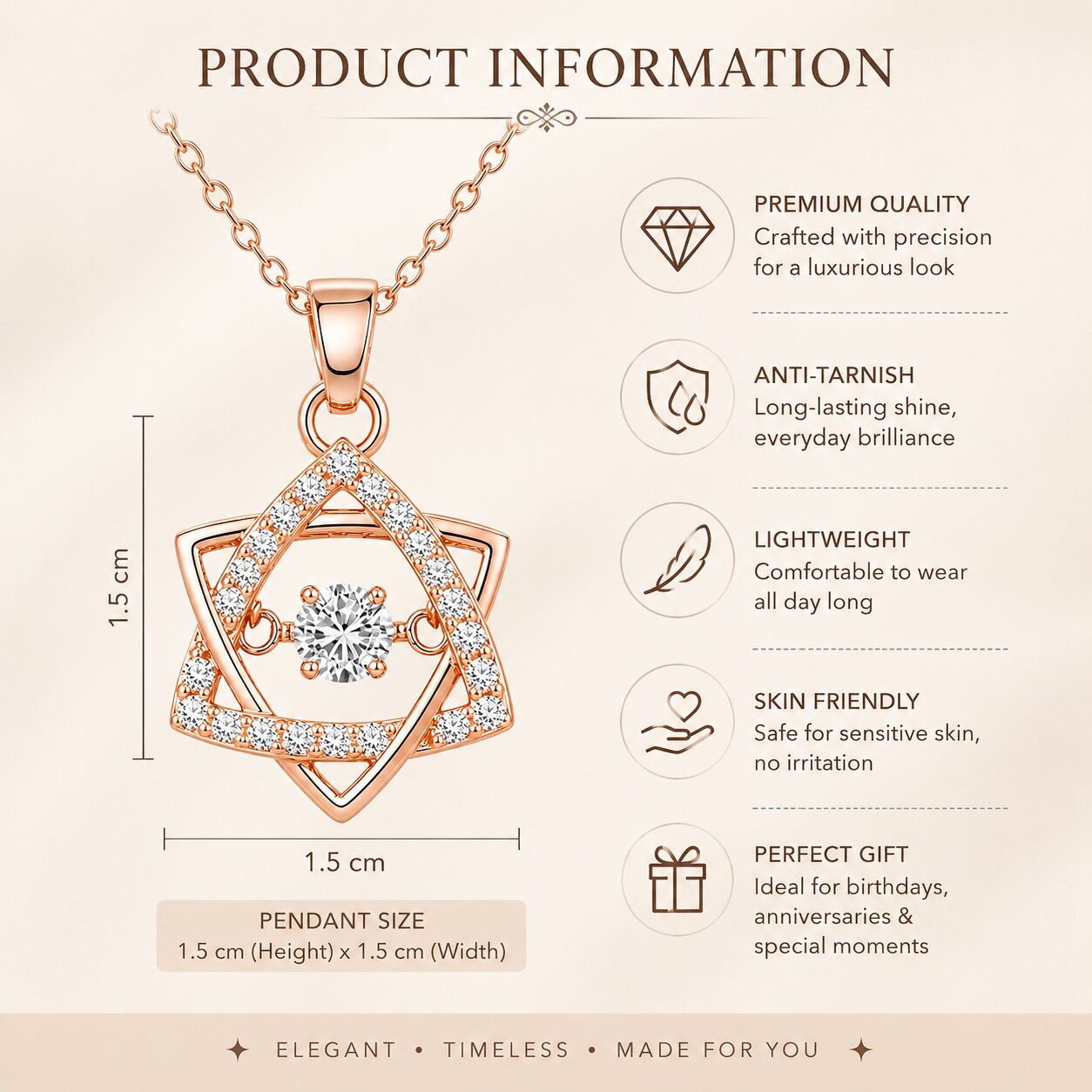Rose Gold Star Shaped Pendant Necklace for Women