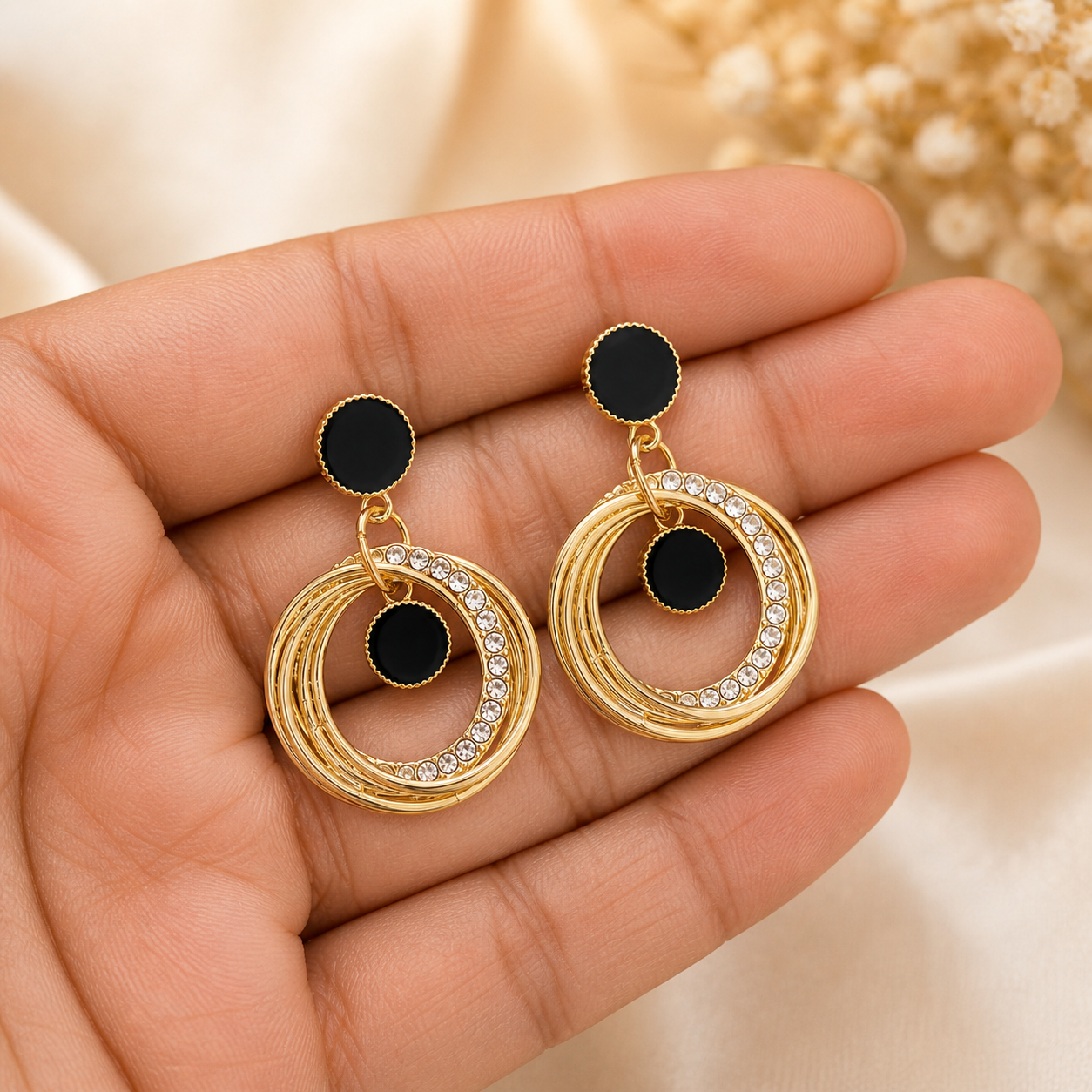 Samya by Samishtha Gold Plated Black & Crystal Double Hoop Drop Earrings for Women | Statement Party Earrings | Lightweight Fashion Jewellery