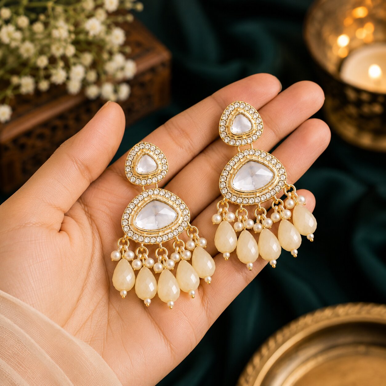 Traditional White Kundan Drop Earrings for Women