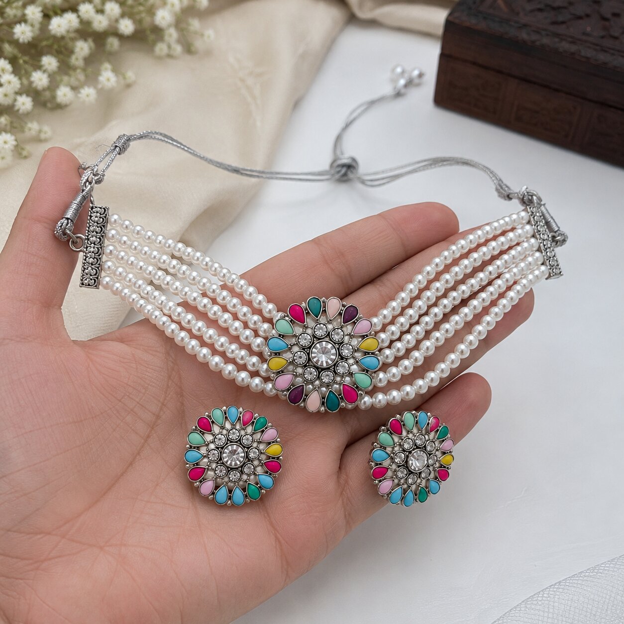 Samya Multicolor Floral Kundan  3 Layer White Pearl Necklace with Matching Stud Earrings Choker Necklace Set for Women