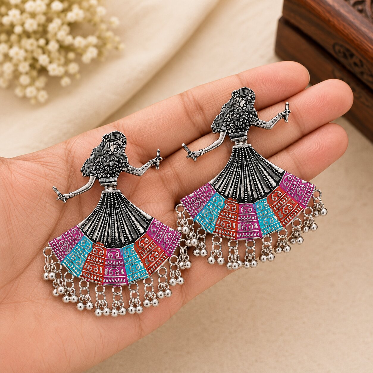 Multicolor Dancing Girl Rajasthani Jhumka Earrings for Women