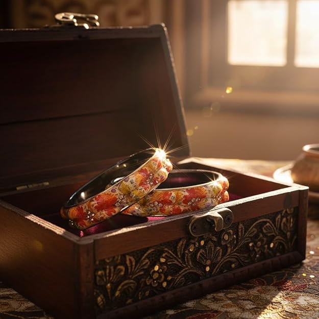 Set of 2 Multicolor Flower Glass Printed Bangles for Women