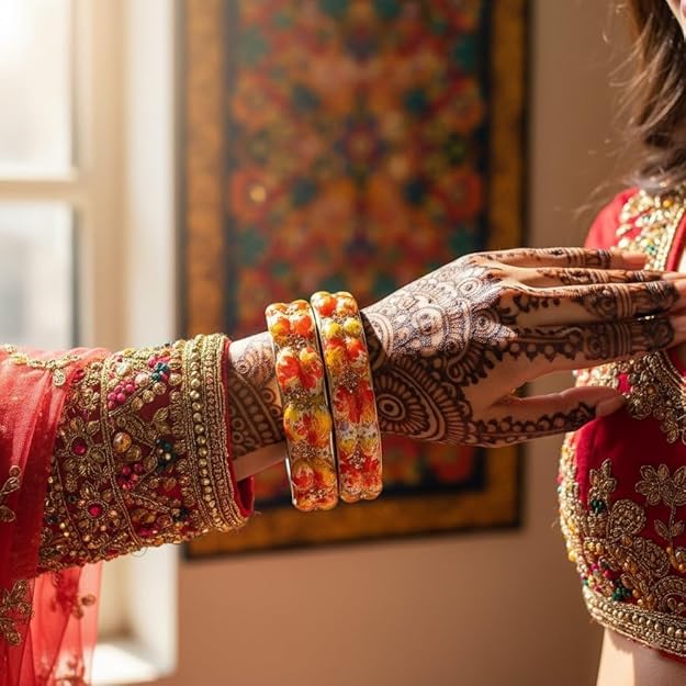 Set of 2 Multicolor Flower Glass Printed Bangles for Women