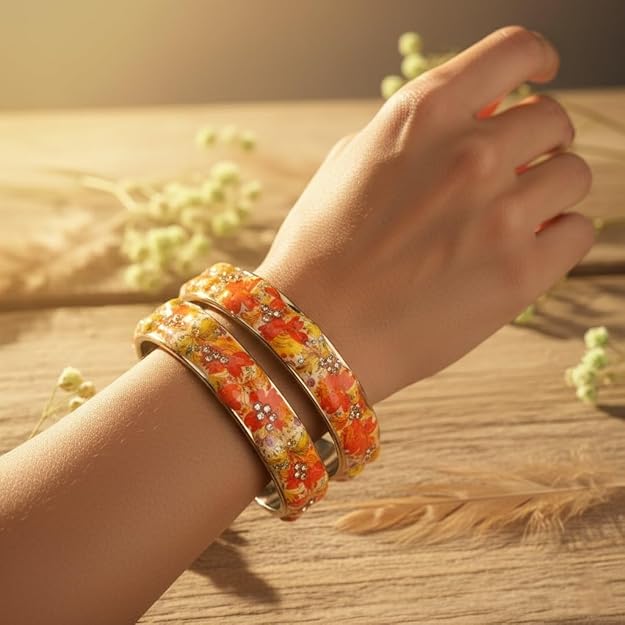 Set of 2 Multicolor Flower Glass Printed Bangles for Women