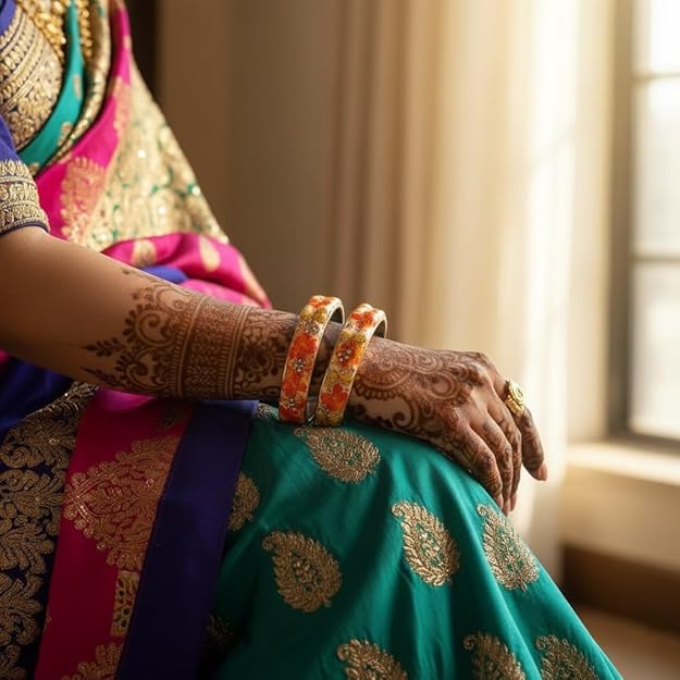 Set of 2 Multicolor Flower Glass Printed Bangles for Women